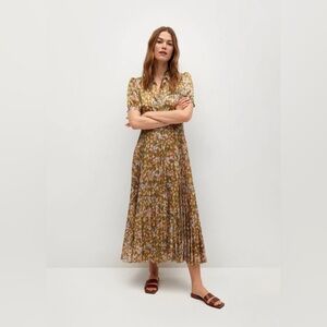 Mango Lurex Pleated Floral Vintage Like Dress NWT